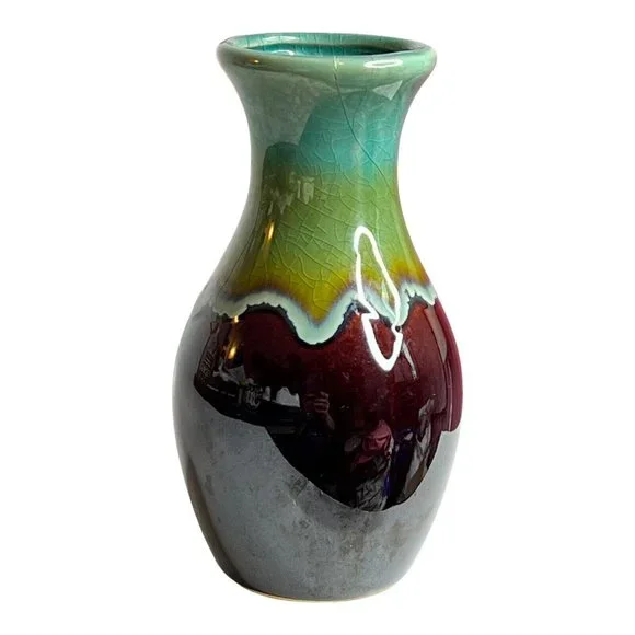 Unbranded unsigned Blue Green Brown drip glaze 5” bud vase crazing FLAW‎ - Picture 4 of 10